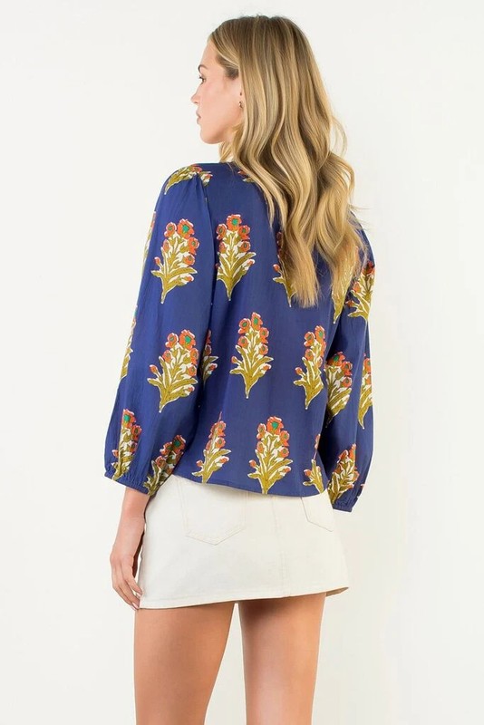 THML Navy Long Sleeve V-Neck Mixed Floral With Stitch Detail Top
