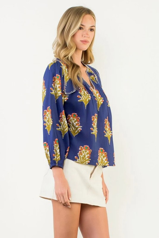 THML Navy Long Sleeve V-Neck Mixed Floral With Stitch Detail Top