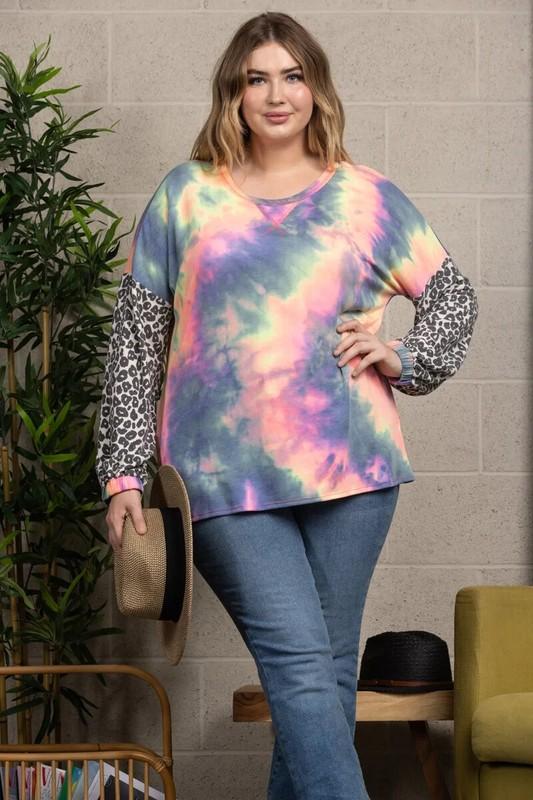 Tie Dye SIZE 2X Shirt Top WOMENS PLUS Long Sleeves 2XL Blue Pink Orange LEOPARD