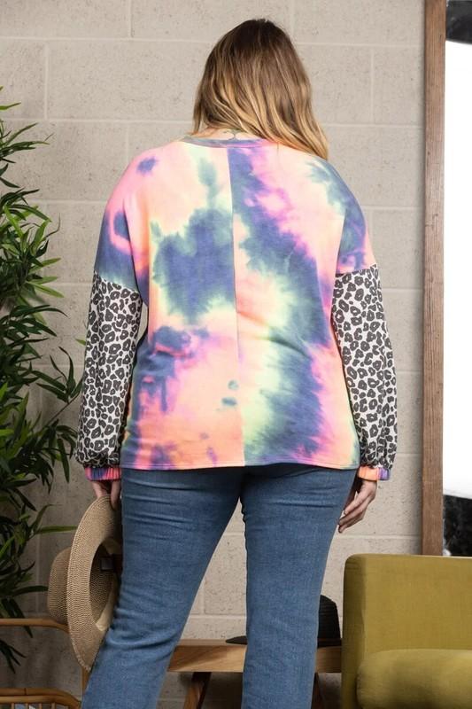 Tie Dye SIZE 2X Shirt Top WOMENS PLUS Long Sleeves 2XL Blue Pink Orange LEOPARD