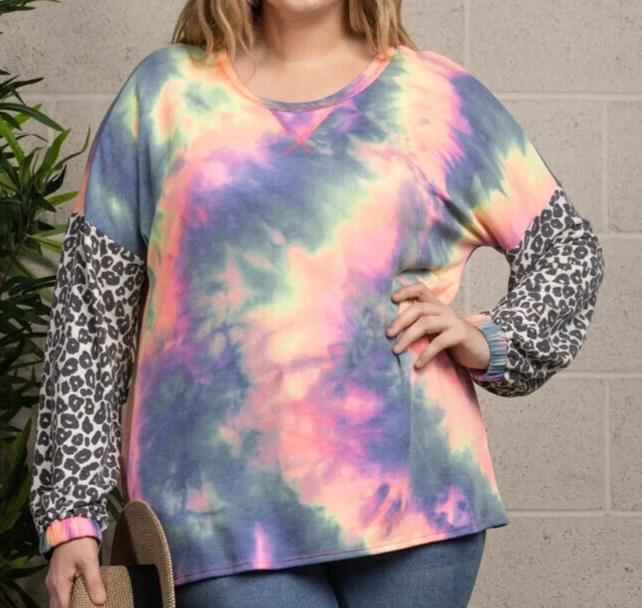 Tie Dye SIZE 2X Shirt Top WOMENS PLUS Long Sleeves 2XL Blue Pink Orange LEOPARD