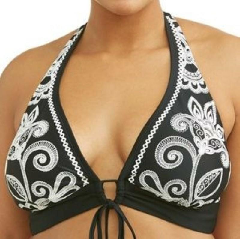 Time And Tru Women's Embroidered Halter Bralette Bikini Swimsuit Top Rich Black