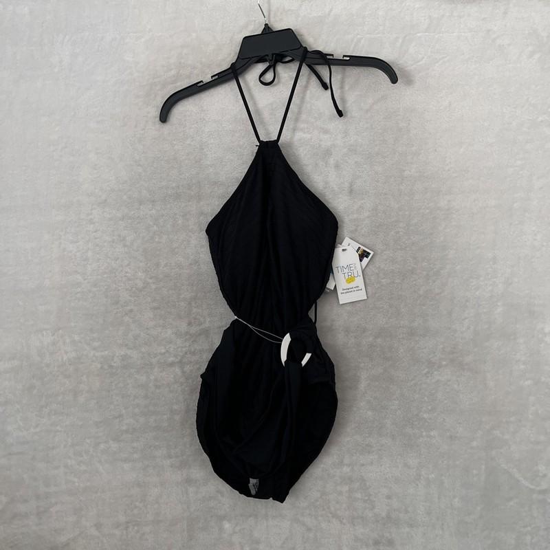 Time & Tru Womans One Piece Bathing Suit Black Medium Solid Sleeveless Belted