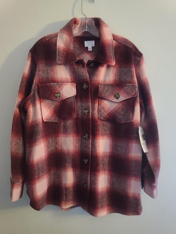 Time & Tru Women's Shacket Soft Heavyweight Pink Plaid w Pockets Sz-Large NWT