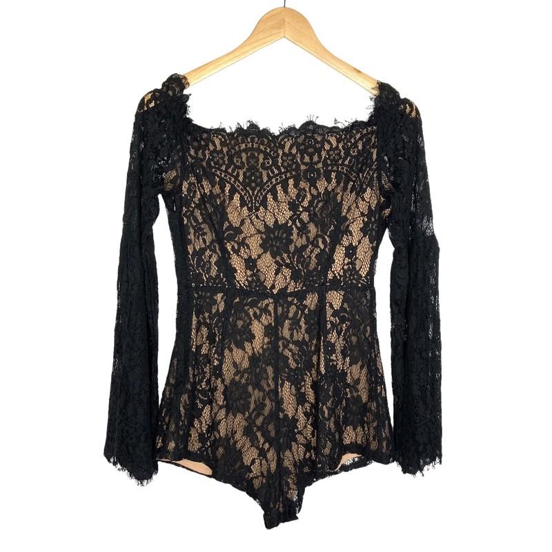 Tobi Womens Lace Bell Sleeve Romper Size Small Black Deep Tie V Neck Fringe Trim