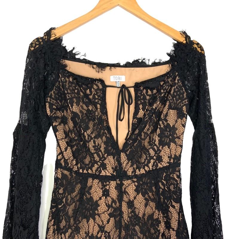 Tobi Womens Lace Bell Sleeve Romper Size Small Black Deep Tie V Neck Fringe Trim