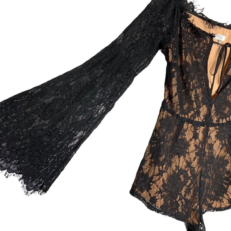 Tobi Womens Lace Bell Sleeve Romper Size Small Black Deep Tie V Neck Fringe Trim