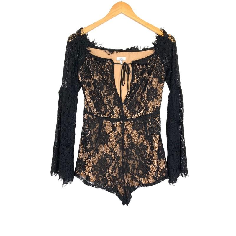 Tobi Womens Lace Bell Sleeve Romper Size Small Black Deep Tie V Neck Fringe Trim