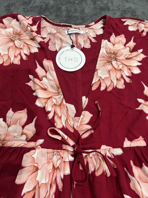 Toby Heart Ginger Playsuit Long Sleeves Size M Red Floral Waist Tie Up #013A