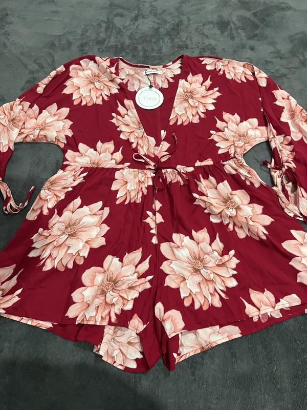 Toby Heart Ginger Playsuit Long Sleeves Size M Red Floral Waist Tie Up #013A