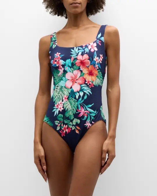 Tommy Bahama Island Cays Flora Reversible 1 Pc Swimsuit Navy 14 NWT $178