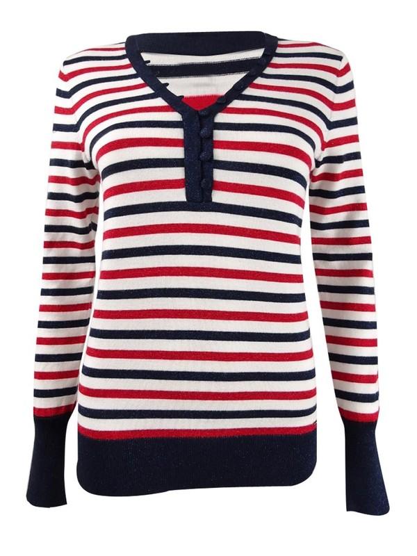 Tommy Hilfiger Women's Metallic-Stripe Henley Top (M Ivory Multi)