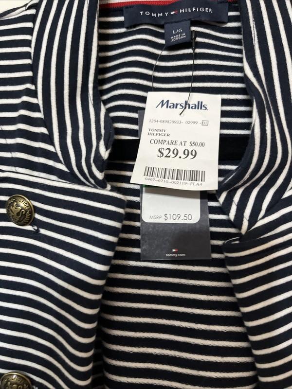 Tommy Hilfiger Women Sz L Striped Open Blazer/Jacket Nautical Shder Pads New NWT