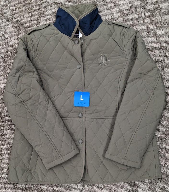 Tommy Hilfiger Womens Large Quilted Jacket Lined Snap Coat Juniper Green Navy
