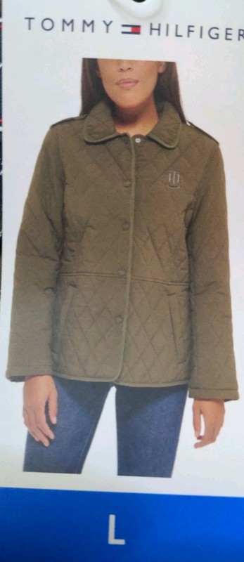 Tommy Hilfiger Womens Large Quilted Jacket Lined Snap Coat Juniper Green Navy