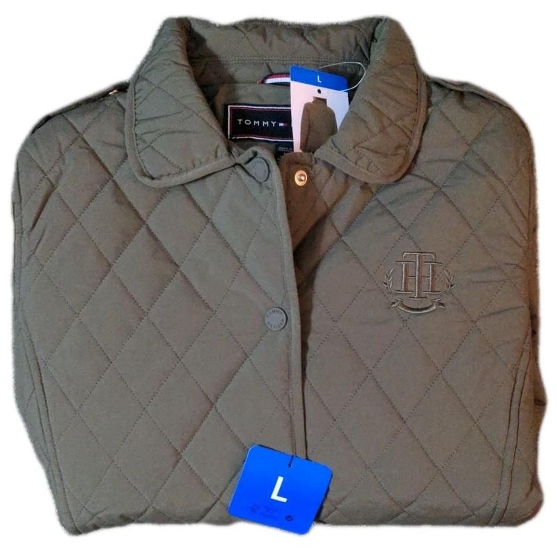 Tommy Hilfiger Womens Large Quilted Jacket Lined Snap Coat Juniper Green Navy