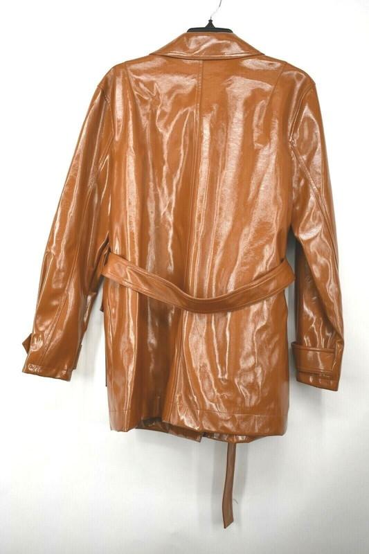 Topshop Women Casey Brown Belted Glossy High Impact Button Front Jacket $110 NWT