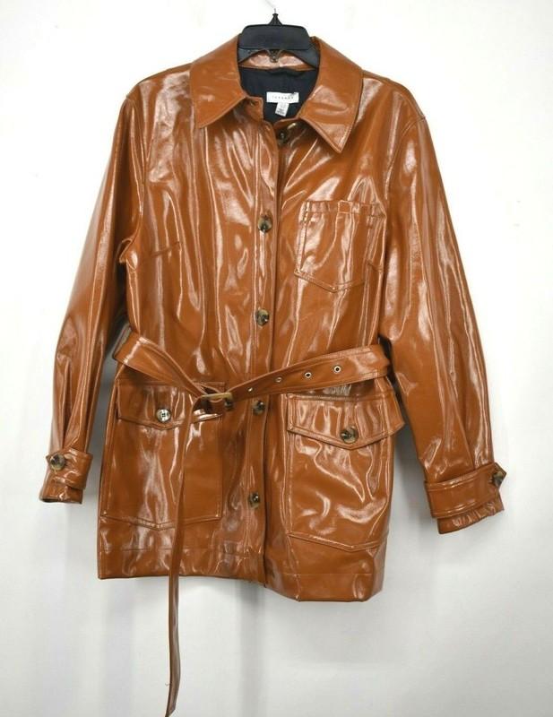 Topshop Women Casey Brown Belted Glossy High Impact Button Front Jacket $110 NWT