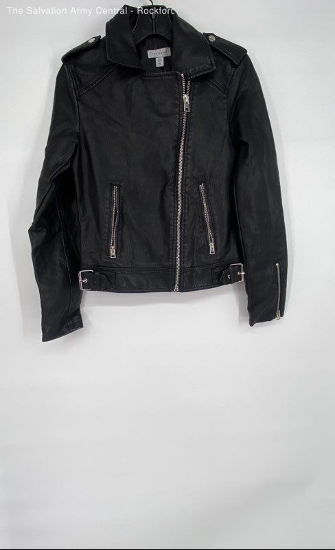 Topshop Womens Black Leather Long Sleeve Pockets Full Zip Biker Jacket Size 4