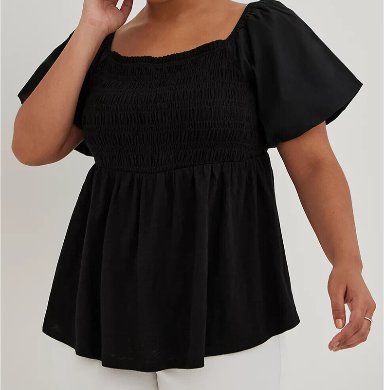Torrid Babydoll Smocked Bodice Puff Sleeve Top Black 3 3X 22 24 #B05761