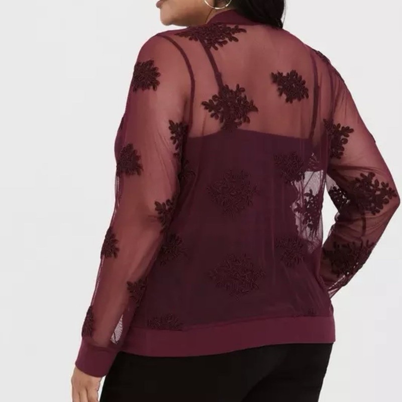 Torrid Mesh Bomber Jacket Red Burgundy Zip-Up Sheer Womens 1X Embroidered Floral