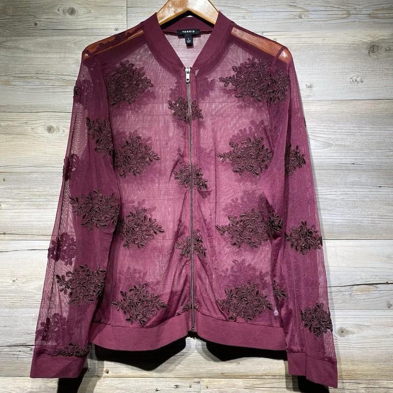 Torrid Mesh Bomber Jacket Red Burgundy Zip-Up Sheer Womens 1X Embroidered Floral