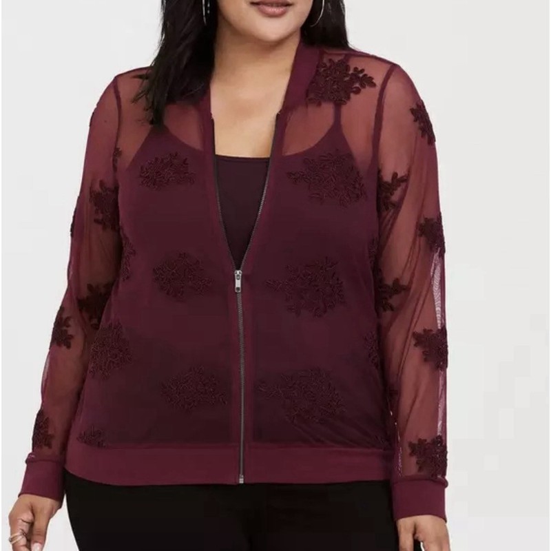 Torrid Mesh Bomber Jacket Red Burgundy Zip-Up Sheer Womens 1X Embroidered Floral