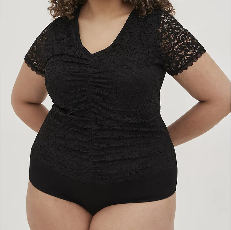 Torrid Stretch Lace V Neck Cinched Bodysuit Black 3 3X 22 24 #B06833
