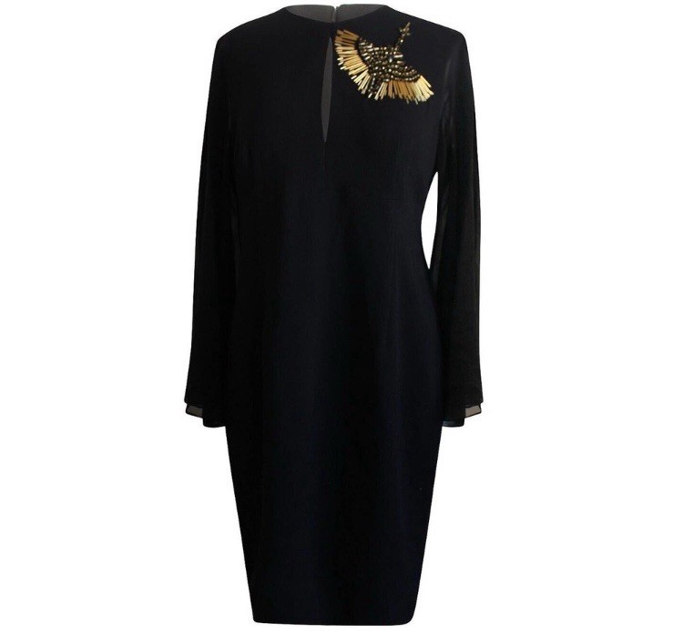 Trina Turk Black Keyhole Sheer Sleeve Embellished Gold Bead Sheath Dress Sz 8