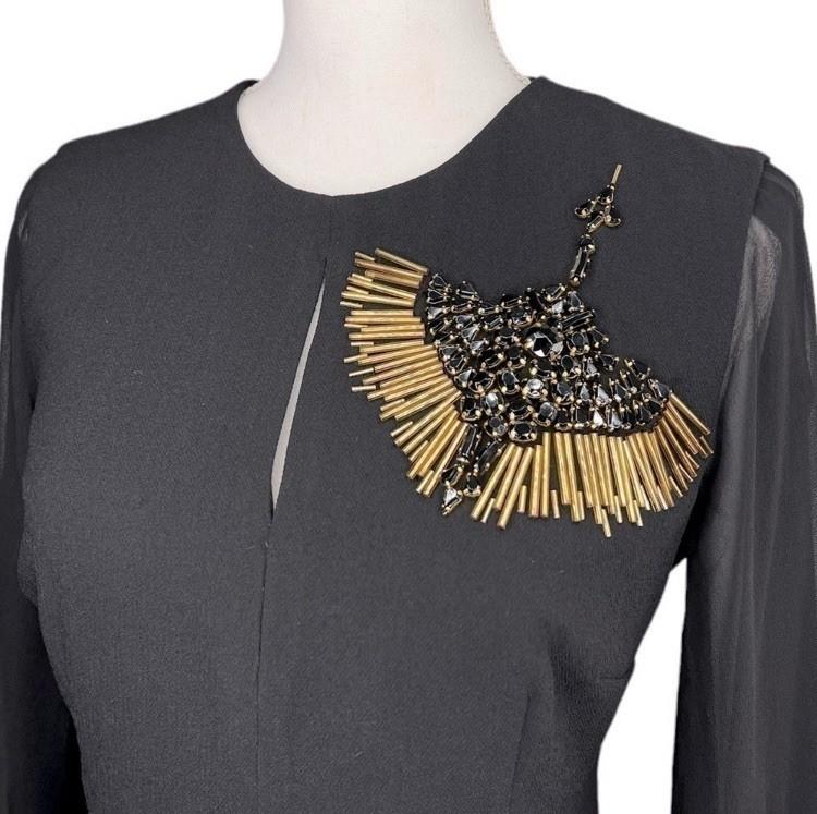 Trina Turk Black Keyhole Sheer Sleeve Embellished Gold Bead Sheath Dress Sz 8