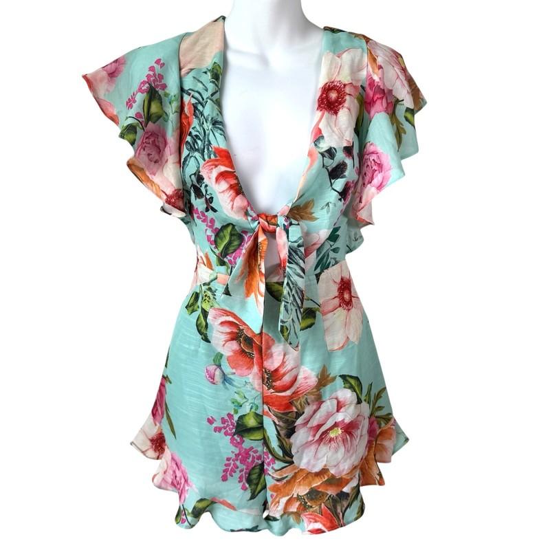 Tropical Floral Print Plunge Neck Romper Medium Flutter Ruffle Summer Resortwear