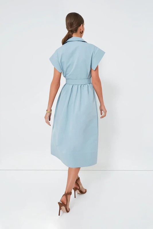 Tuckernuck NEW Slate Blue Chloe Classic Midi Dress Size Medium Belted Collared