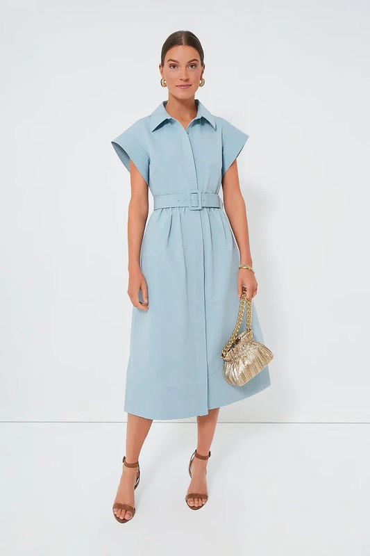 Tuckernuck NEW Slate Blue Chloe Classic Midi Dress Size Medium Belted Collared
