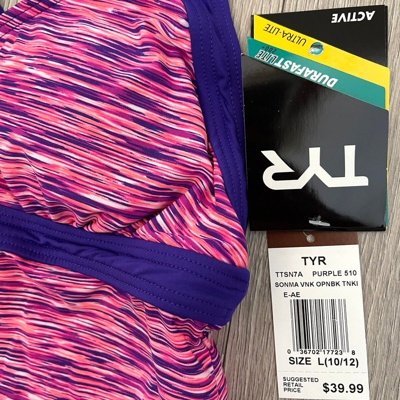 TYR DuraFast Active Sonoma Vneck OpenBack Tankini Top Purple Pink Sz Large 10/12