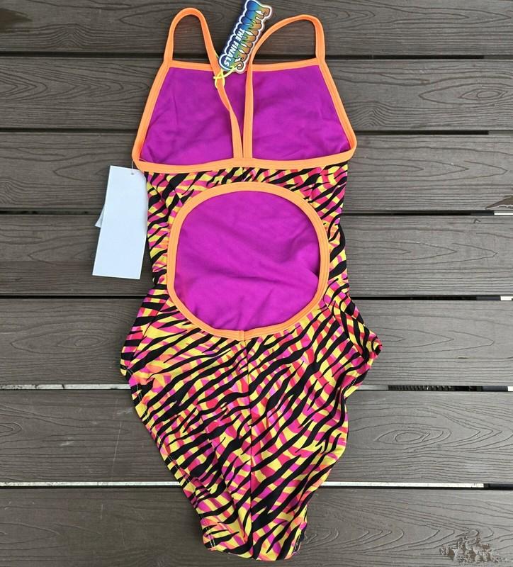 TYR The Finals Girls Zany Zebra Swimsuit Flutterback Pink/Orange - Size 26 New