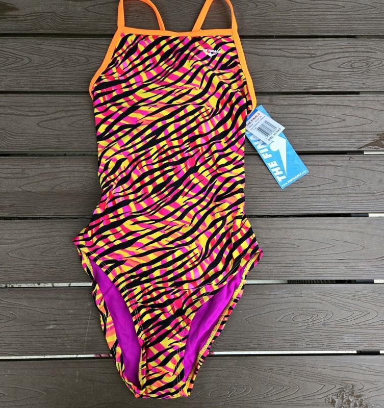 TYR The Finals Girls Zany Zebra Swimsuit Flutterback Pink/Orange - Size 26 New