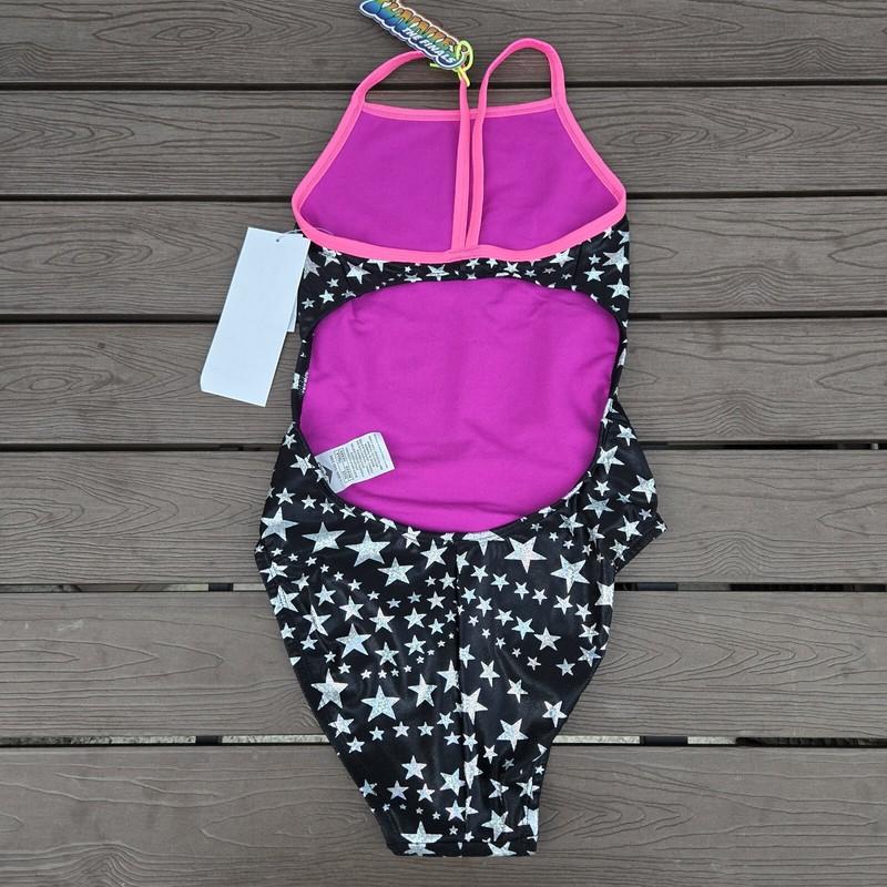 TYR The Finals Women Starbright Foil Swimsuit Wing Back Black/silver Size 32 New
