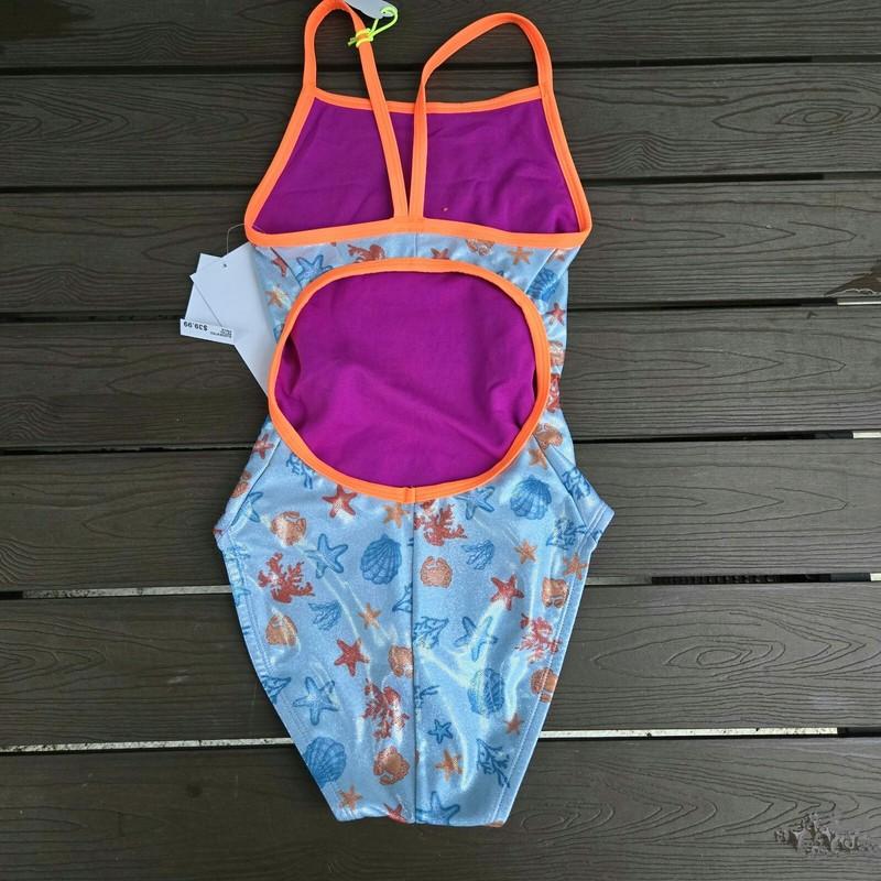 TYR The Finals Womens Under The Sea Foil Flutterback Swimsuit Blue Orange 36 New