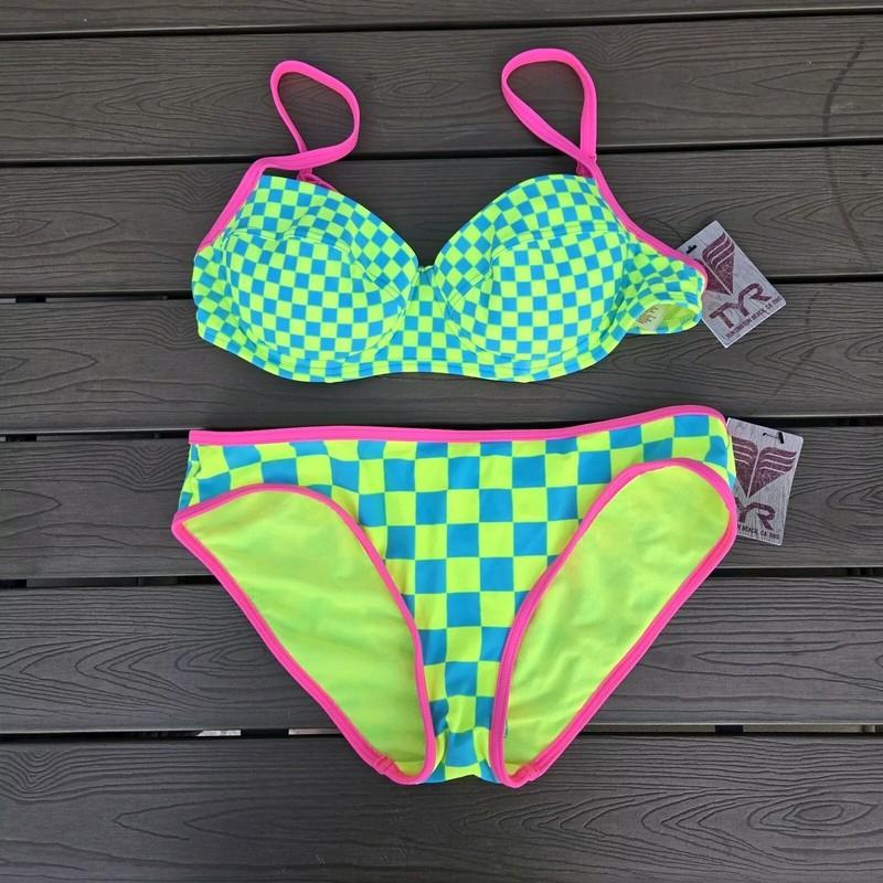 TYR Women Push Up Underline Top (L) & Checkered Bikini (M) Neon/blue New