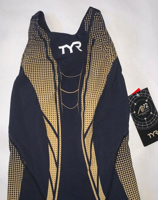 TYR Women's 26 Black Gold AP12 Hi Back Swim Speed Suit Short John USA Made