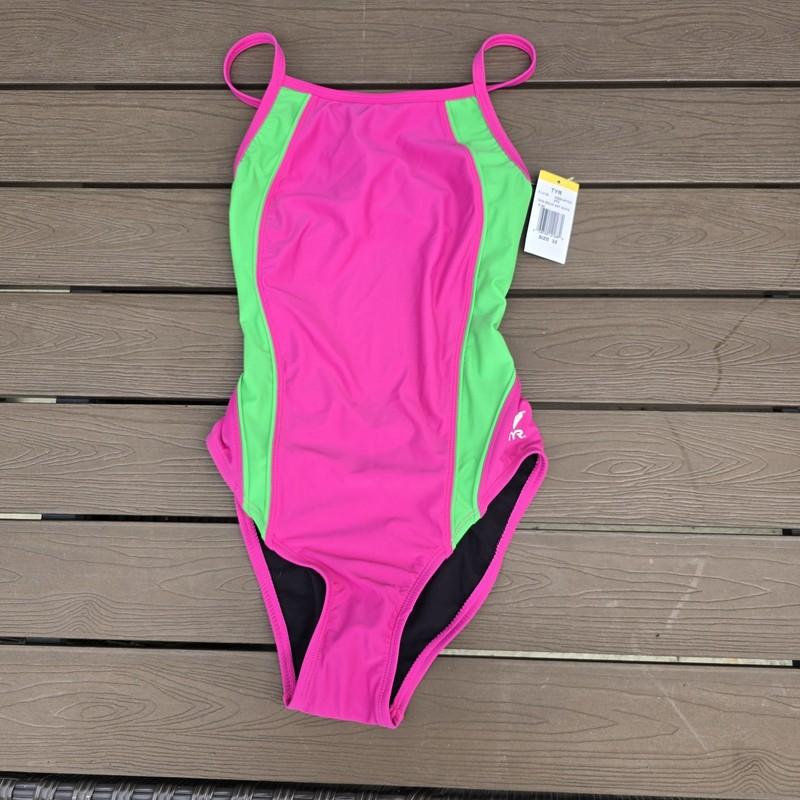 TYR Women's Nylon Neon Pink/green Diamondfit 1 Pc Swimsuit Size 36 NEW