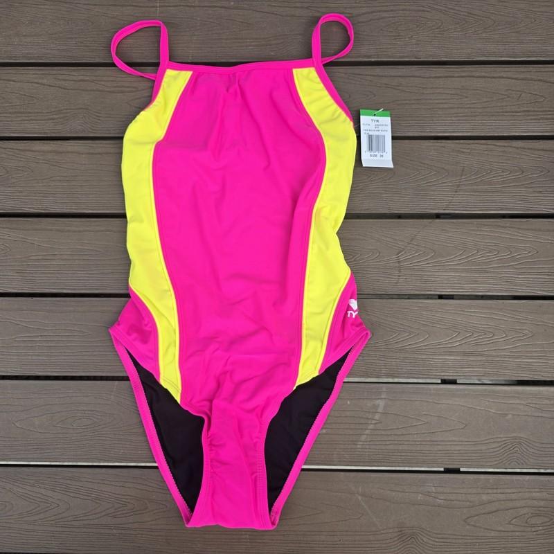 TYR Women's Nylon Neon Pink/yellow Diamondfit 1 Pc Swimsuit Size 36 NEW