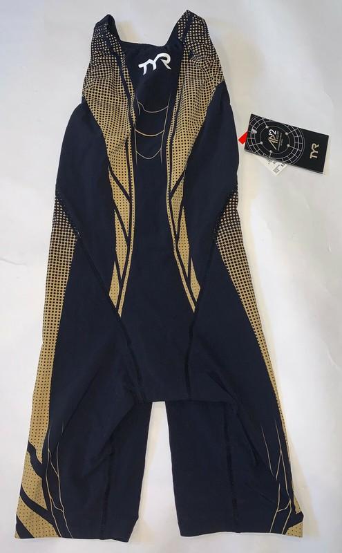 TYR Women's Youth 26 Black Gold AP12 Hi Back Swim Speed Suit Short John USA New