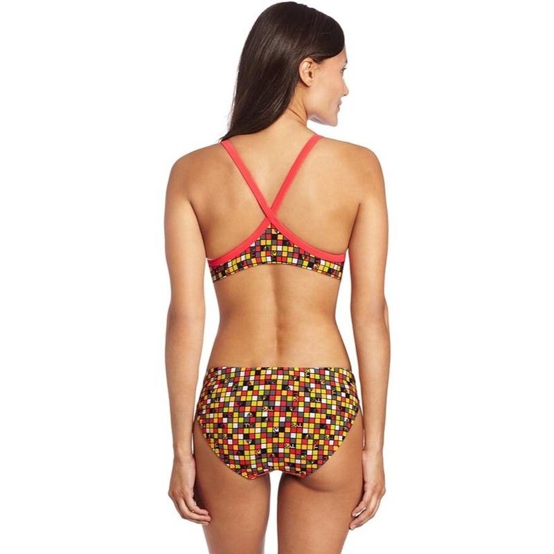 TYR Womens Check Diamondfit Workout Bikini Set Drawstring Red Orange XL