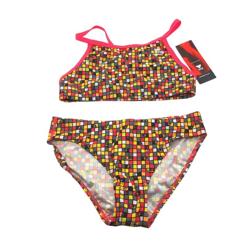 TYR Womens Check Diamondfit Workout Bikini Set Drawstring Red Orange XL