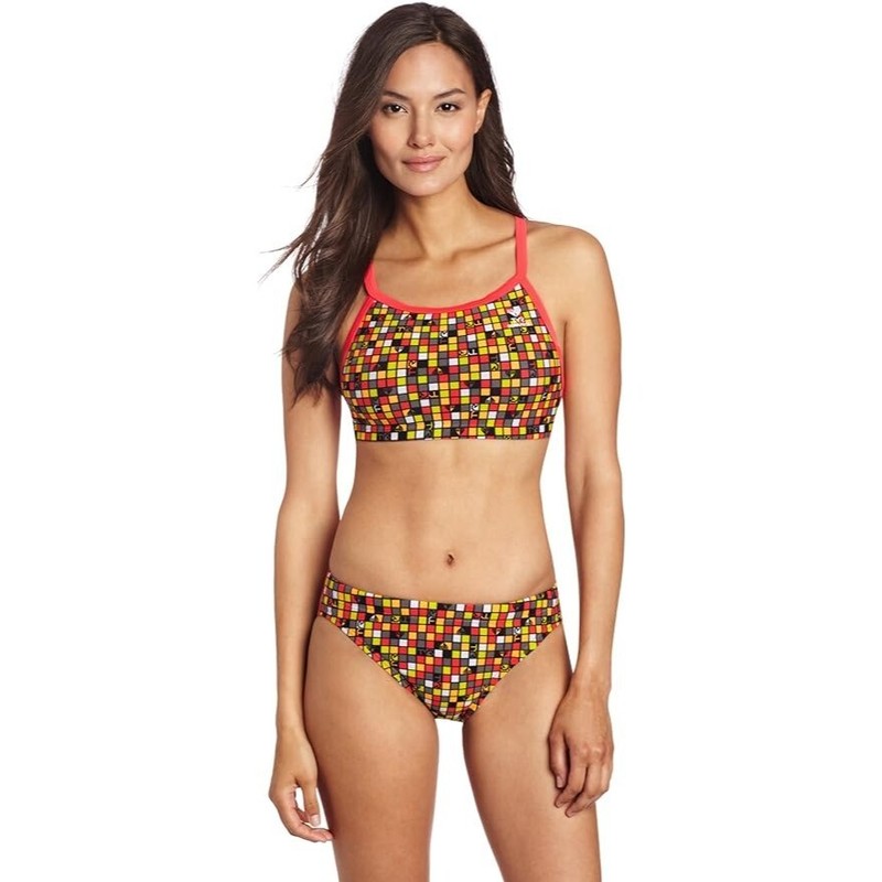 TYR Womens Check Diamondfit Workout Bikini Set Drawstring Red Orange XL