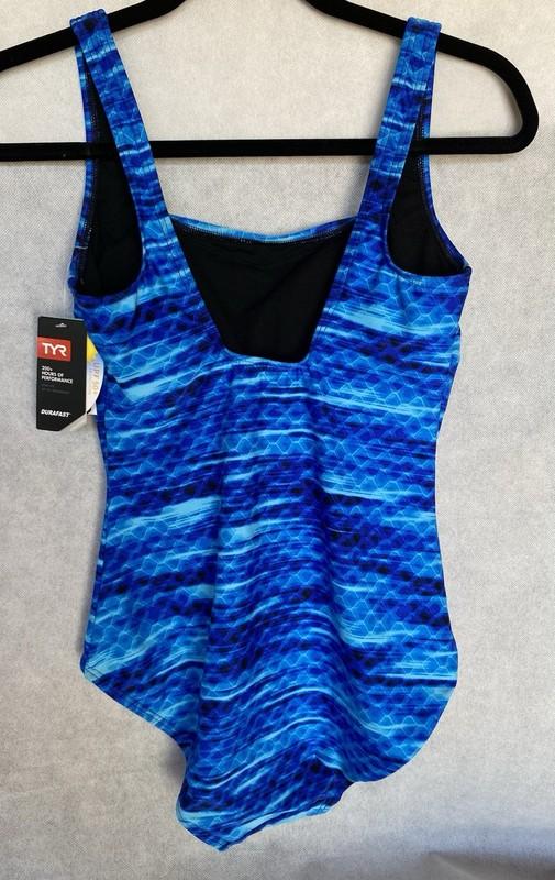 TYR Workout Swim Size 10 Cast Blue Geo Scoop Neck ControlFit One Piece Swimsuit