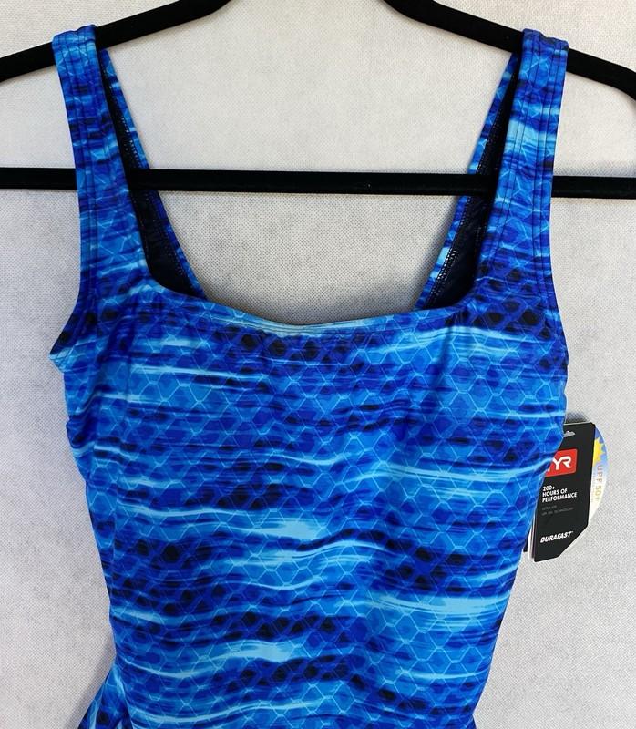 TYR Workout Swim Size 10 Cast Blue Geo Scoop Neck ControlFit One Piece Swimsuit
