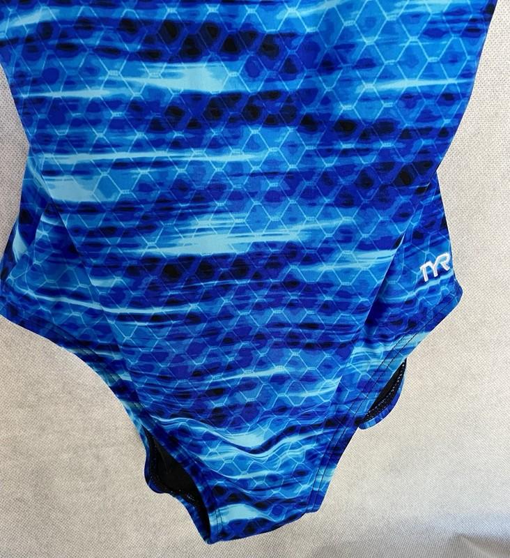 TYR Workout Swim Size 10 Cast Blue Geo Scoop Neck ControlFit One Piece Swimsuit