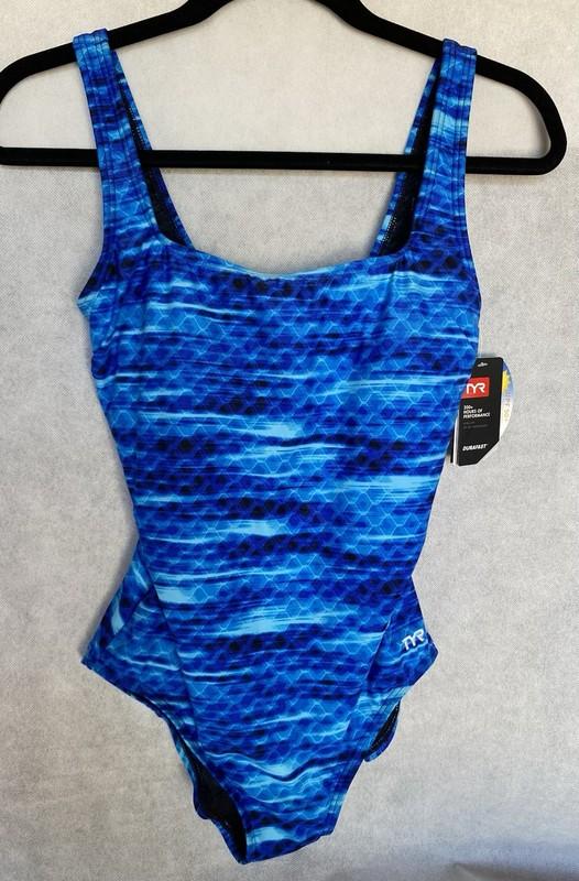 TYR Workout Swim Size 10 Cast Blue Geo Scoop Neck ControlFit One Piece Swimsuit